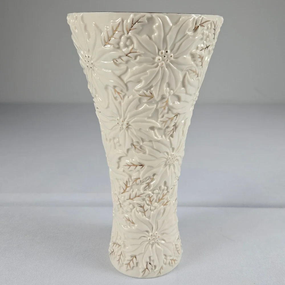 Lenox Holiday Poinsettia Embossed Ivory Vase Gold Trim Christmas Floral Vase